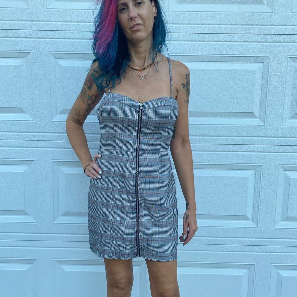 Plaid zip up mini dress